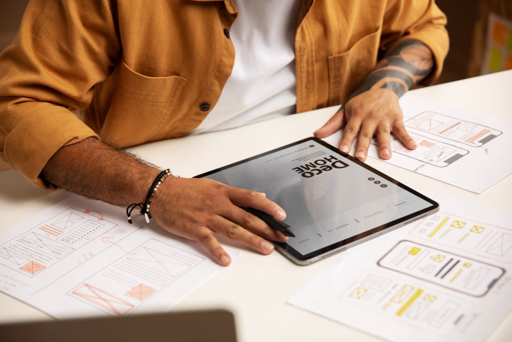 High angle man working with tablet